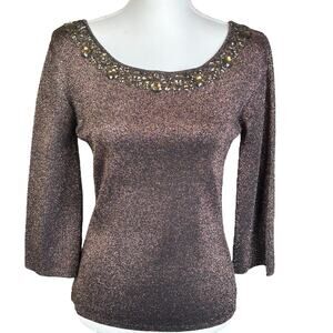 Joseph A. Shimmery Top Women Medium Copper Brown Bejeweled Elegant Formal Blouse